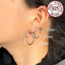Women Fashion 15 25 35 mm 925 Solid Sterling Silver Plain Circle Hoop Earrings