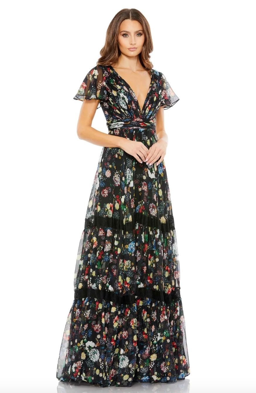 Mac Duggal 67934 Floral Print Pleated Tiered Butterfly Sleeve Maxi Dress Size 2