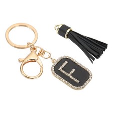 Initial Letter Keychain Cubic Crystal Keychain with Tassel Letter F Black/Gold