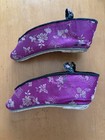 Pair Antique Silk Embroidered Chinese Lotus Childs Shoe Slipper Binding Pre 1900 — photo 1