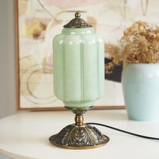 Dimmable Green Glass Touch Lamp with USB Charging Ports for Bedroom Living