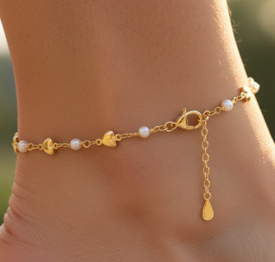 Pearl Charm Brass Anklet Gold Plated Minimalist Chain Handmade Designer Jewelry