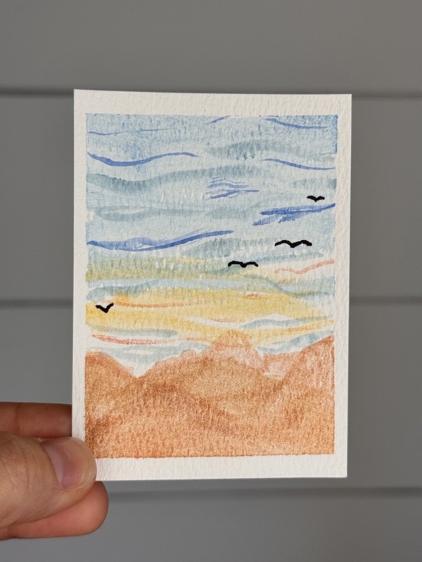 Original Mountain Landscape ACEO Mini Watercolor Painting Sunset Mountain Birds