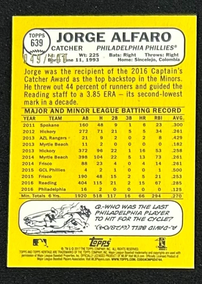 Heritage Jorge Alfaro RC Mini 2017 #639/100 Phillies Foto 2 de 2