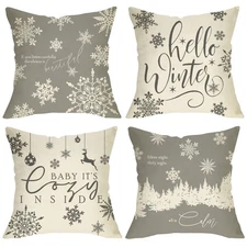 Hello Winter Grey White Decorative Throw Pillow Cover 18x18 Set of 4 only covers