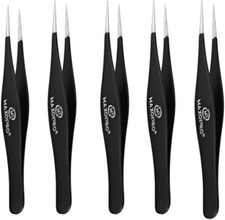 Professional Sharp Tweezers Pointed Tip  Stainless Steel, Fine Pack 5, Black
