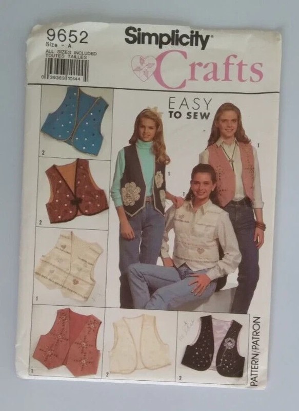 SIMPLICITY #9652 MISS SIZES XXS-XL Easy-To-Sew VESTS in 2 Styles UNCUT PATTERN