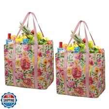 BeeGreen 2 Pack Flower Reusable Grocery Bags with Hard Bottom - Heavy Duty Fo