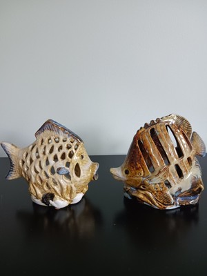 Two Fishlike Cut Out Ceramic Candleholders With Glazed Vibrant Colors