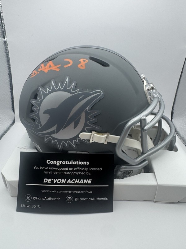 Fanatics Under Wraps De’von Achane Autographed Miami Dolphins Mini Helmet-Slate
