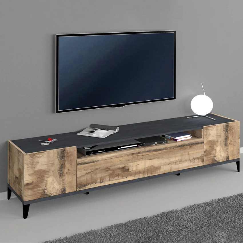 Meuble TV 200x40 cm design bois et ardoise Young Report aux finitions contemporaines de luxe