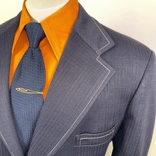 Vtg 60s 70s Leisure Suit Jacket V Line Blazer Sport Coat Navy Disco Mod Mens 50