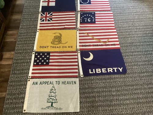 9 FLAGS 18 INCHES X 12 INCHES DONT TREAD ON ME AN APPEAL TO HEAVEN BETSY ROSS 13