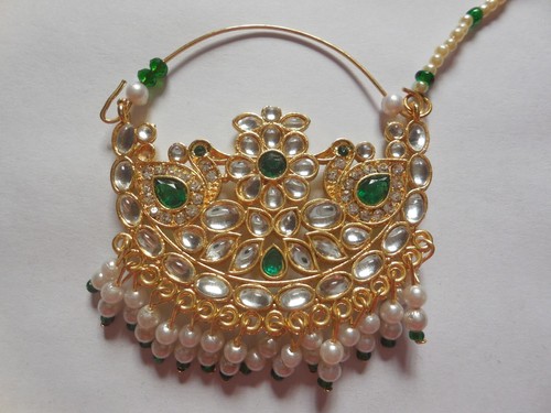 Kundan Nose Ring With Chain Indian Nath Piercing Hoop Wedding Fashion Jewelry
