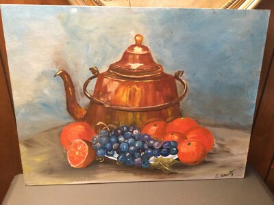 oil painting of Teapot Grapes Oranges Tomatoes by C. Borowitz 24 x18 