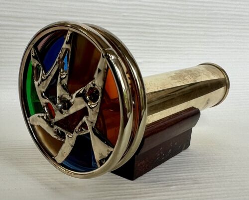 8" Signed Mercedes Brass Stained Glass Double Wheel Kaleidoscope - Picture 1 of 10