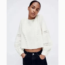 ZARA Boho Cropped Bell Puff Long Sleeve Peasant Crochet Blouse Top in Ivory M