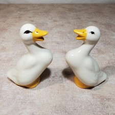 2 Vtg Ceramic WHITE Duck Geese Figurines Hand painted Farmhouse