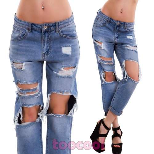 Jeans donna pantaloni strappati boyfriend cavallo basso ripped nuovi H6030  | eBay