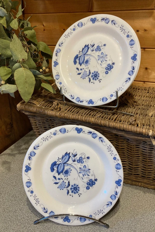 Assiettes plates x 6 " Arcopal ", oignons bleus, pièce vintage, made in France - Photo 2/4