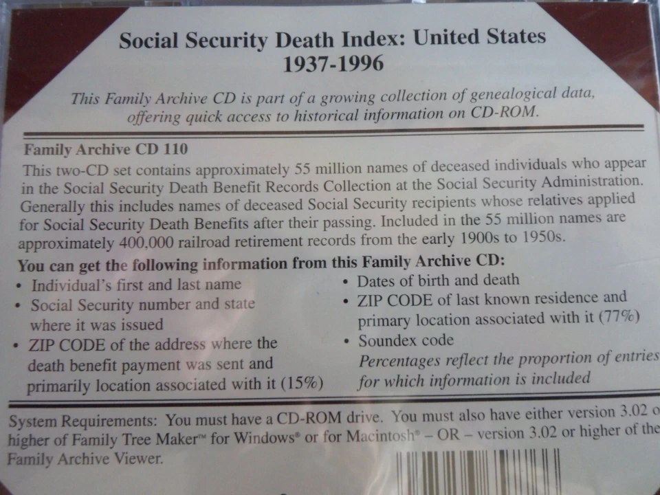 Family Tree Maker Archives Social Security Death Index 1937 - 1996 USA NEW 2 CD - Image 4 of 4