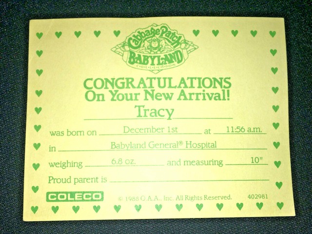 CABBAGE PATCH KIDS Babyland Kid 1988 DOLL BOX &amp; ADOPTION CERTIFICATE ...