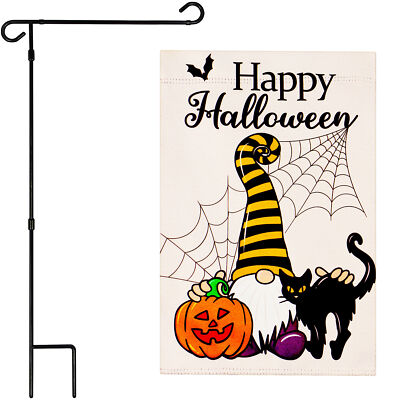 NEW G128 Garden Flag Gnome Pumpkin BLK Cat 12x18IN Blockout & Garden Flag Stand