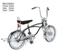 16" VINTAGE LOWRIDER GREEN BICYCLE W/ 52 SPOKE CHROME SHINY RIMS & BENT FORK.