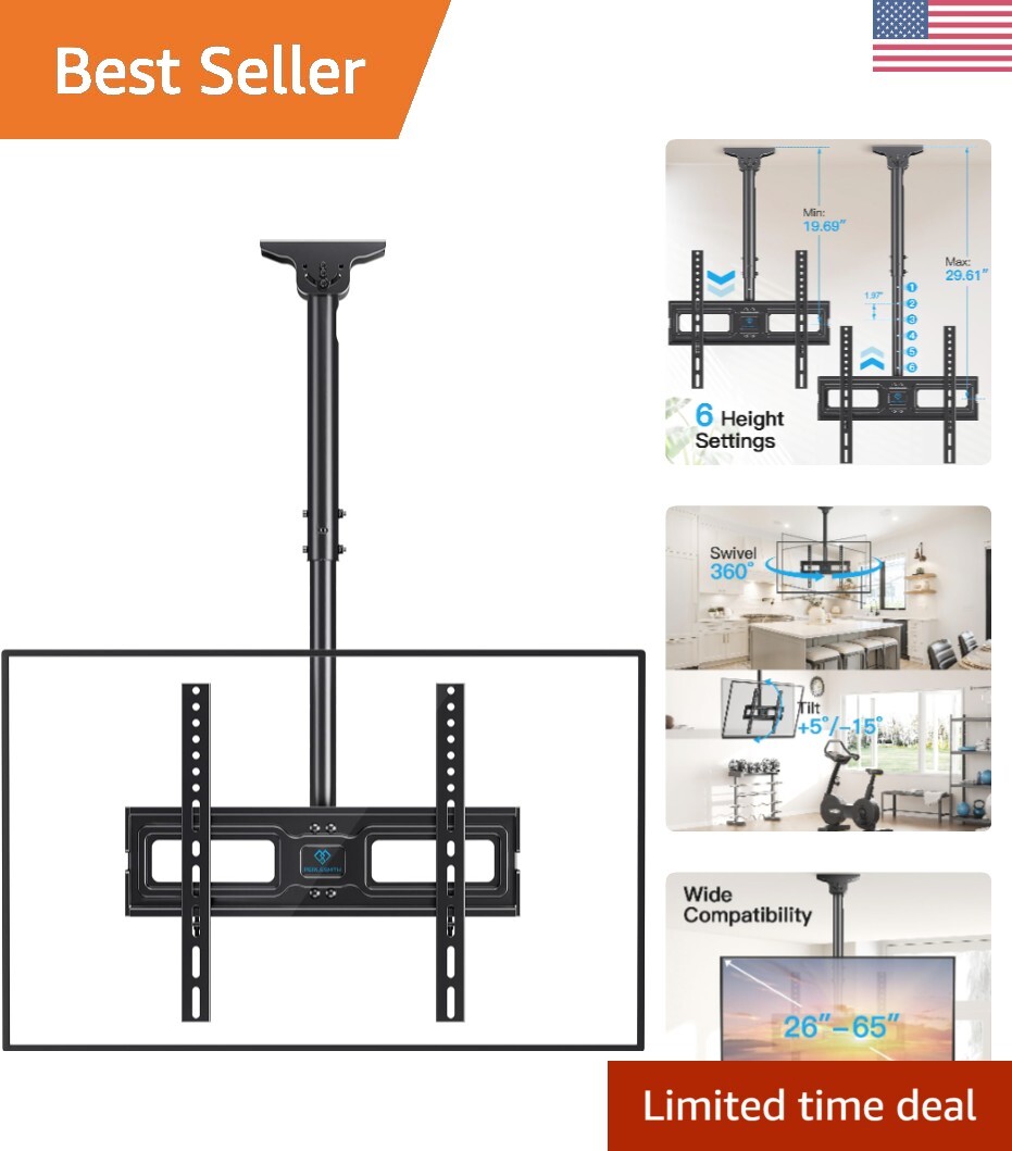 Ceiling TV Mount for 26-65 inch TVs - Swivel, Tilt, & Height Adjustment - Black-image