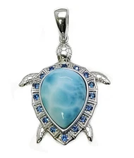 Sea Turtle pendant Blue Larimar gemstone with Blue sapphire 925 Sterling Silver