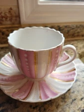 antique Dresden Germany pink and white and gold striped 6 in saucer and 3 x 4 in