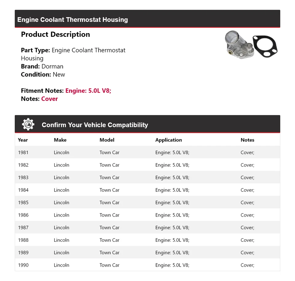 Carcasa termostato refrigerante motor Dorman V8 5,0 L Lincoln Town Car 1981-1990 Foto 2 de 4