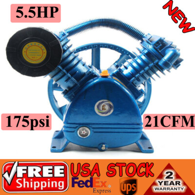 21CFM 5HP 175 PSI Air Compressor Pump Motor Head Double Stage V-Style 2-Cylinder