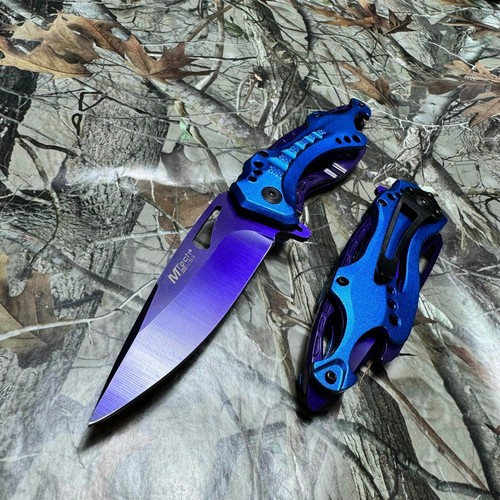 M-Tech Spring Assisted Purple Blade Blue Handle Tactical Pocket Knife! - Picture 4 of 7