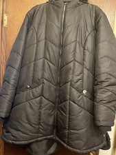 Catherine’s Jacket Womens 2x Black Puffer Chevron Coat Zip Up Hooded Faux Fur