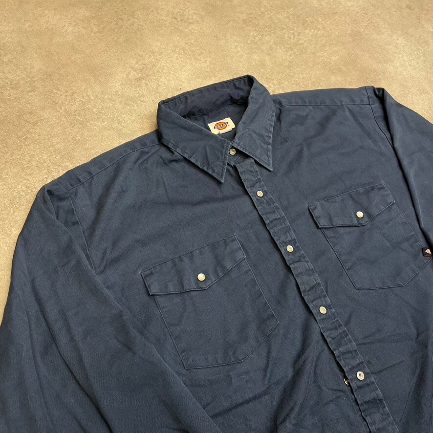 Dickies Shirt Mens Y2K Long Sleeve Button Up Workwear Top, Navy Blue, Large image 3