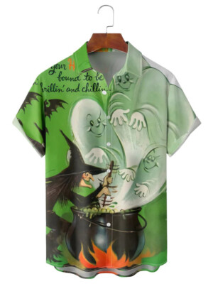 Hallowen Ghosts  Witches Mixing Potions Hawaiian Shirt 3D With Pockets S-5XL