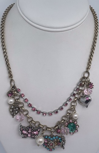 Collana Cristallo Rosa e Blu Betsy Johnson Tono Oro Cuore Appeso - Foto 2 di 7
