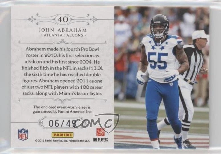 2011 Playoff National Treasures Colossal Materials Prime /49 John Abraham #40 - Image 2 of 2