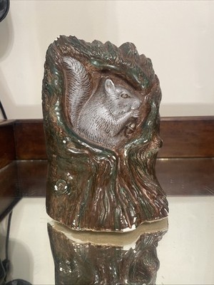 Cute Ceramic Painted Tree with Squirrel Eating Acorn Fabric Covered Base