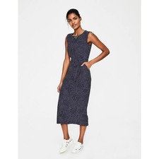 Boden Camille Polka Dot Midi Dress Navy Blue White Tie Waist Slit Back Zip Sz 12