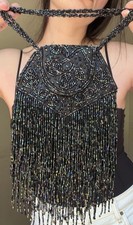 Vintage Black Beaded Fringe Evening Bag Rainbow Seed Beads Purse