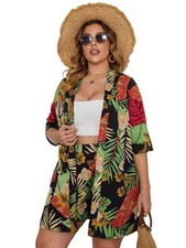 Floerns Women's Plus Size 2 Piece Outfit Tropical Print Kimono Top and Shorts...