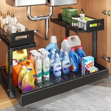 Expandable Under Sink Organizer 2-Tier Pull Out Storage Black Pat Pending
