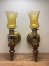 Pair of MCM Brass & Wood Wall Sconces with Amber Glass Chimneys. C-289