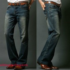 Retro Men's Flared Denim Jeans Vintage 60s 70s Bell Bottom Trousers Blue
