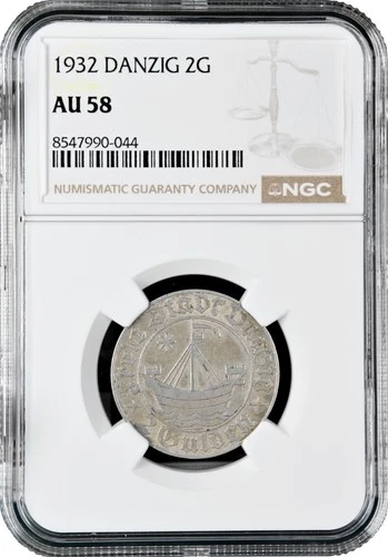 Gdansk 2 Gulden 1932, NGC AU58, "Free City of Gdansk (1923 - 1939)" Silver Coin