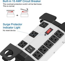 6 FT Grey Power Strip with USB Workshop 8 Outlet Surge Protector Extension Cord
