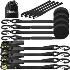 Ratchet Tie down Straps Safety Clip 4pk 1" X 15' & 4 Soft Loops 500Lbs Load Cap