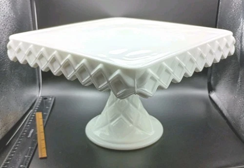 VTG Indiana Milk Glass 10.25" Square Skirted Cake Stand Plate Rum Well White EUC